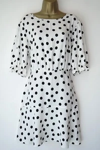 GEORGE WHITE BLACK POLKA DOT SPOT PUFF SLEEVE TEA DRESS SIZE 14 SUN SKATER - Picture 1 of 3