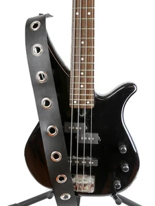 Black Leather Silver Grommets Guitar Strap Bass Punk Rock Goth Metal Grunge Club - Picture 1 of 2