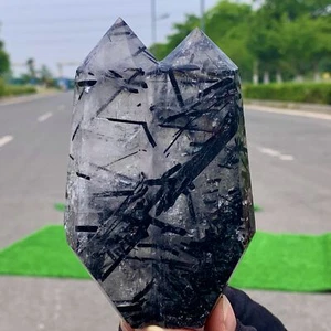 418G Natural black rutile quartz double pointed Tower crystal mineral healing - Picture 1 of 23