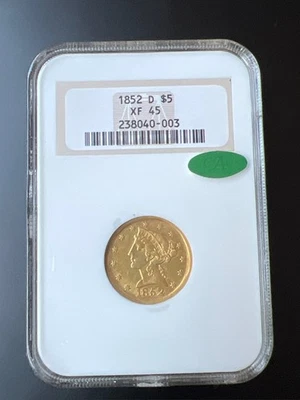 1852-D $5 Liberty Head Gold Coin NGC XF 45 CAC SOAP BOX HOLDER– Rare Collectible - Image 1 of 2