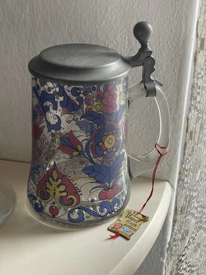 Boccale da birra in Vetro Decorato - Germania - vintage con coperchio in peltro - Immagine 1 di 4