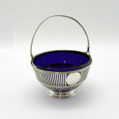 Swing Handle Sugar Basket Watson Sterling Silver Cobalt Glass Liner  - Image 1 of 4