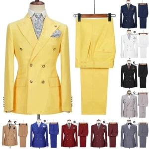 Men Suits Tuxedo Double Breasted Groom Prom Wedding Blazer Slim Fit Jacket Pants - Picture 1 of 22