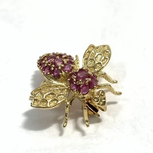 VTG 14K 585 Yellow Gold Ruby Bee Pin Pendant Flying Bug Pendant Brooch 1" - Picture 1 of 14