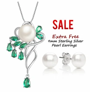 Sterling Silver Pearl Emerald Pendant Necklace Earring Jewelry Set Gifts for Her - Picture 1 of 12