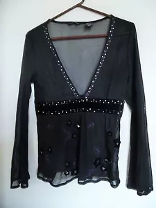 New York& Co Top Negro Transparente Cuello en V Lentejuelas Manga Larga Talla M - Imagen 1 de 3