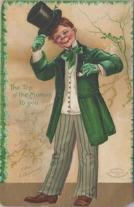 St Patricks Day Mann Zylinder Hut Pfeife A/S Clapsaddle geprägt 1908 Postkarte DQ6 - Bild 1 von 2