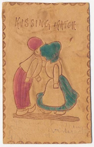 Kissing Match Dutch Boy & Girl Sharing a Kiss 1907 Leather Postcard Q - Picture 1 of 2