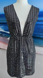 BOOHOO Sequin Stripe Plunge Bodycon Mini Dress 8 - Picture 1 of 6