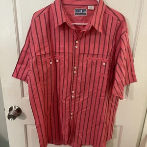 Vintage Bugle Boy Striped Mens Short Sleeve Button Up Shirt Hot Pink Striped. XL - Picture 1 of 8