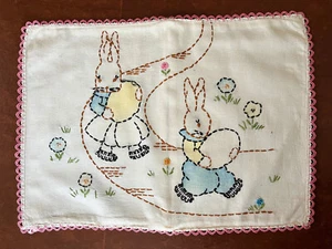 CUTE! Vintage Tinted Hand Embroidered Small Pillow Cover Bunny Easter Baby Crib - Picture 1 of 12