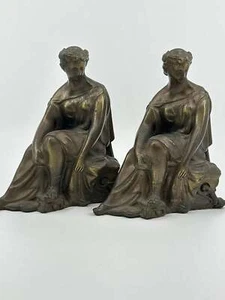 Pair of Antique Cast Metal Spelter Bronzed Seated Goddess Clock Toppers c.1890 - Picture 1 of 5