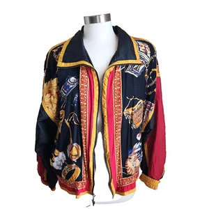 Vintage 80s Women Large Track Jacket Red Black Gold Loud Print Windbreaker - Picture 1 of 11