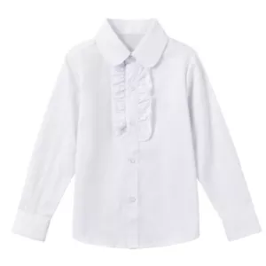 Girls Cotton Dress Shirt Ruched Ruffle Button Down Blouse Uniform Preppy - Picture 1 of 16