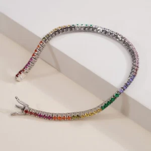 3mm Multi-Color Sapphire Luxury Tennis Bracelet 7.5" In 14K White Gold Plated - Picture 1 of 8