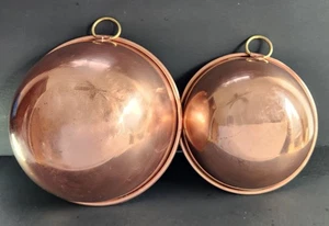 10 & 8.75" Copper Rounded Bottom Bowls Brass Handle Heavy Rolled Rim Vintage - Picture 1 of 14