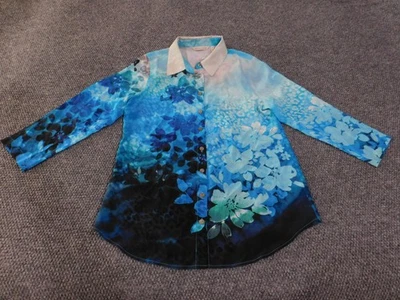Soft Surroundings Shirt Womens Petite Small Blue Floral 100% Silk Button Up Top - Изображение 1 из 4