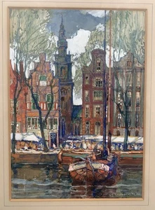 Amsterdam Impressionist Canal Scene Gouache Painting Gerhard Graf (1883 - 1960) - Picture 1 of 15