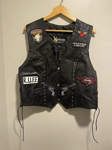 Vintage Xelement Black Leather Motorcycle Vest Patches Womens Snap Lace Size XXL - Picture 1 of 7