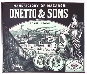 Pasta/Macarrones 1910 Color Litografía Etiqueta Onetto & Sons Nápoles Nápoles Italia LOTE DE 3 - Imagen 1 de 3