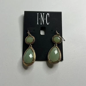 INC International Concepts Gold Teardrop Dangle Earrings w/ Green Gemstones, NWT - Picture 1 of 3