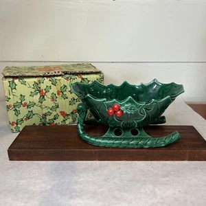 Vintage Lefton Holly Berry Christmas Holiday Sleigh Nut / Candy Bowl -FLAW - Picture 1 of 13