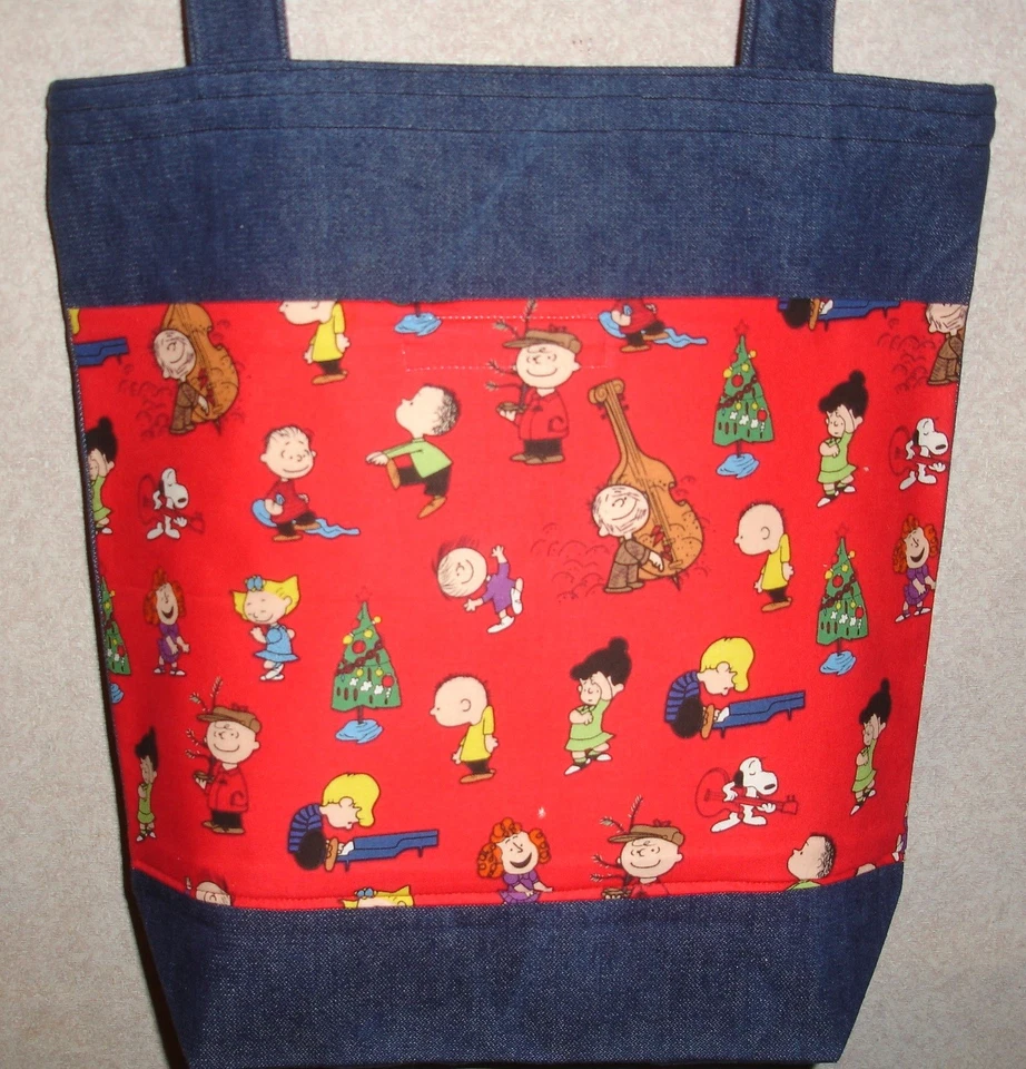 NEW Large Denim Tote Bag Handmade/w Peanuts Snoopy Christmas Red Dancing Fabric - Image 1 of 1