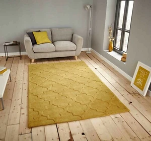HONG KONG RUG 8583 PLAIN MUSTARD YELLOW TRELLIS 120X170 GEOMETRIC MODERN ACRYLIC - Picture 1 of 9