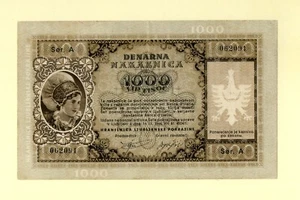 SLOVENIA LAIBACH YUGOSLAVIA 1000 LIRE 1944 P-R9 VF++ SERIAL: A VERY RARE - Picture 1 of 2