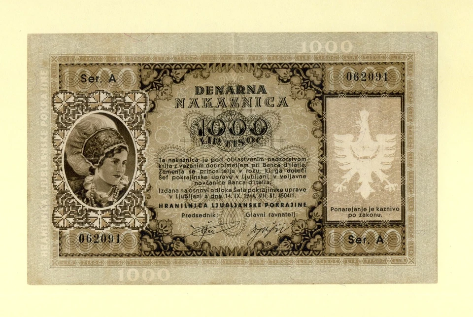 ESLOVENIA LAIBACH YUGOSLAVIA 1000 LIRAS 1944 P-R9 EN MUY BUEN ESTADO++ SERIE: MUY RARO Foto 1 de 2