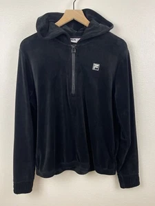 Vintage FILA Womens Hoodie Black Velour Track Jacket 1/4 Zip sz LARGE Soft Retro - Picture 1 of 10
