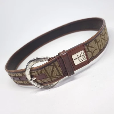 Calvin Klein Leather Belt 32 34 M Signature Jacquard Khaki Brown Distressed - Image 1 of 4
