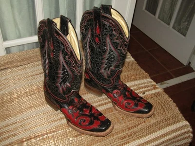 Botas vaqueras Corral A2403 vintage negras/rojas con incrustación de lagarto punta cuadrada talla 7,5 M Foto 1 de 4