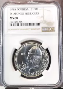 1985 PORTUGAL SILVER 100 ESCUDOS AFONSO HENRIQUES NGC MS 68 TOP POP - Picture 1 of 3