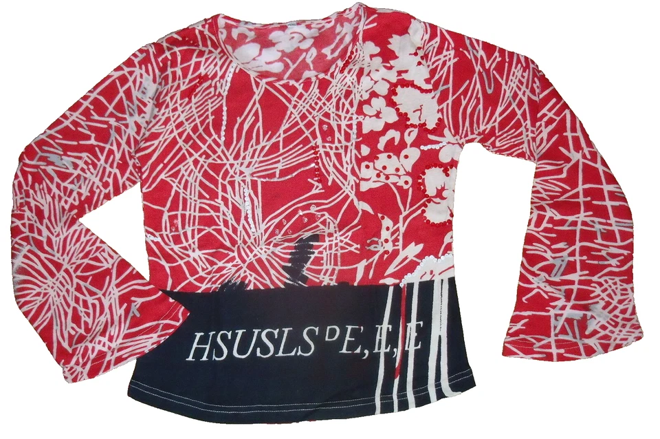  TEE SHIRT MANCHES LONGUES ROUGE IMPRIMÉ ET BRODÉ DE PERLES ET SEQUINS T M 40 NE - Photo 1/1