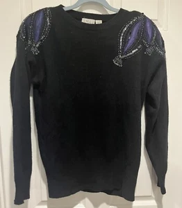 Vintage Pailletten Perlen Pullover Heißluftballon St Malo Schulter Lammwolle Hase - Bild 1 von 6