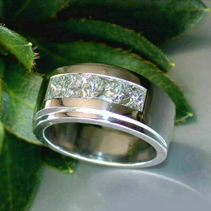 1Ct Princesa Moissanita Hombres Compromiso Banda Anillo 14k Bañado en Oro Blanco - Imagen 1 de 3