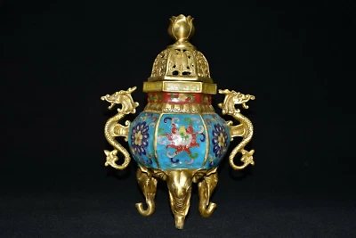 Queimador de incenso chinês cloisonne 9,2 pol. incensário animal panela de latão antiga - Imagem 1 de 4