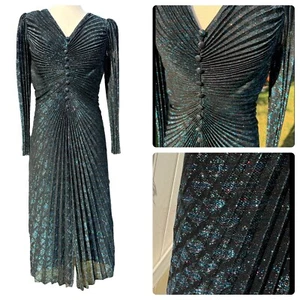 Vtg 70’s Samir Metallic Lurex Mermaid Disco Dress Black Pleated Size 4/6 Sparkly - Picture 1 of 24
