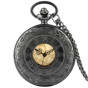 Classic Black Half Hunter Quartz Analog Pocket Watch with Long Chain Unisex Gift - Picture 1 of 10