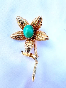 MAGNIFICENT 14K YELLOW GOLD TURQUOISE BROOCH - Picture 1 of 8