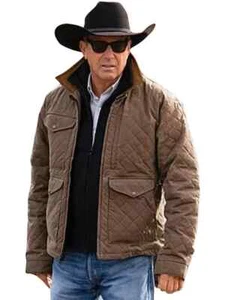 Men's Yellow Stone Kevin Costner Season 04 John Dutton Quilted Coat Brown Jacket - Picture 1 of 5