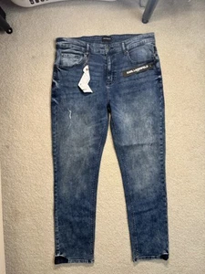 Karl Lagerfeld Paris Jeans 34 x 32 KL65 Indigo Blue Distressed Stretch Loose Fit - Picture 1 of 12