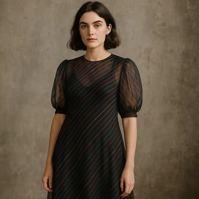 Vestido Transparente Vintage Años 80 Arco Iris Rayas M Manga Abullonada Mod Retro Minimalista Foto 1 de 4