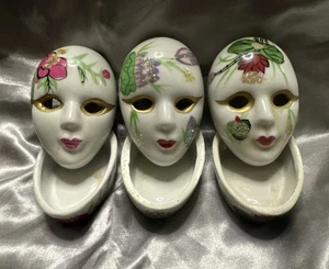 3 Set porcelain Harlequin Floral deco jester face trinket boxes - Picture 1 of 14