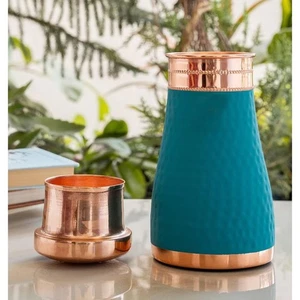 Pure Copper Hammered Water Bottle with Built-in Glass – Mate Finish for Bedroom - Picture 1 of 9