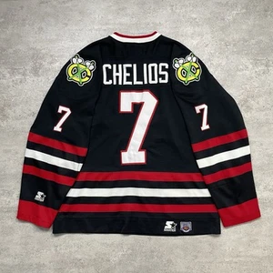 VTG 90s NHL CHICAGO BLACKHAWKS CHRIS CHELIOS STARTER HOCKEY JERSEY SIZE XL BLACK - Picture 1 of 8