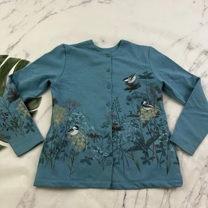 Artisan Vintage Y2k Sweatshirt Strickjacke Gr. S blau Vögel Blumen Knöpfe Oma - Bild 1 von 12