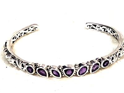 ARTISAN CRAFTED AMETHYST GEMSTONE HINGED BANGLE, STERLING, SIZE SMALL (M4505-24) - Image 1 of 4