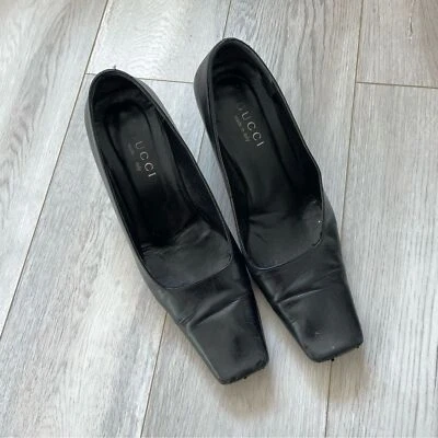 Gucci Vintage Cuero Clásico Puntera Cuadrada Tacones Negros (talla 8) Minimalista Lujo Foto 1 de 4